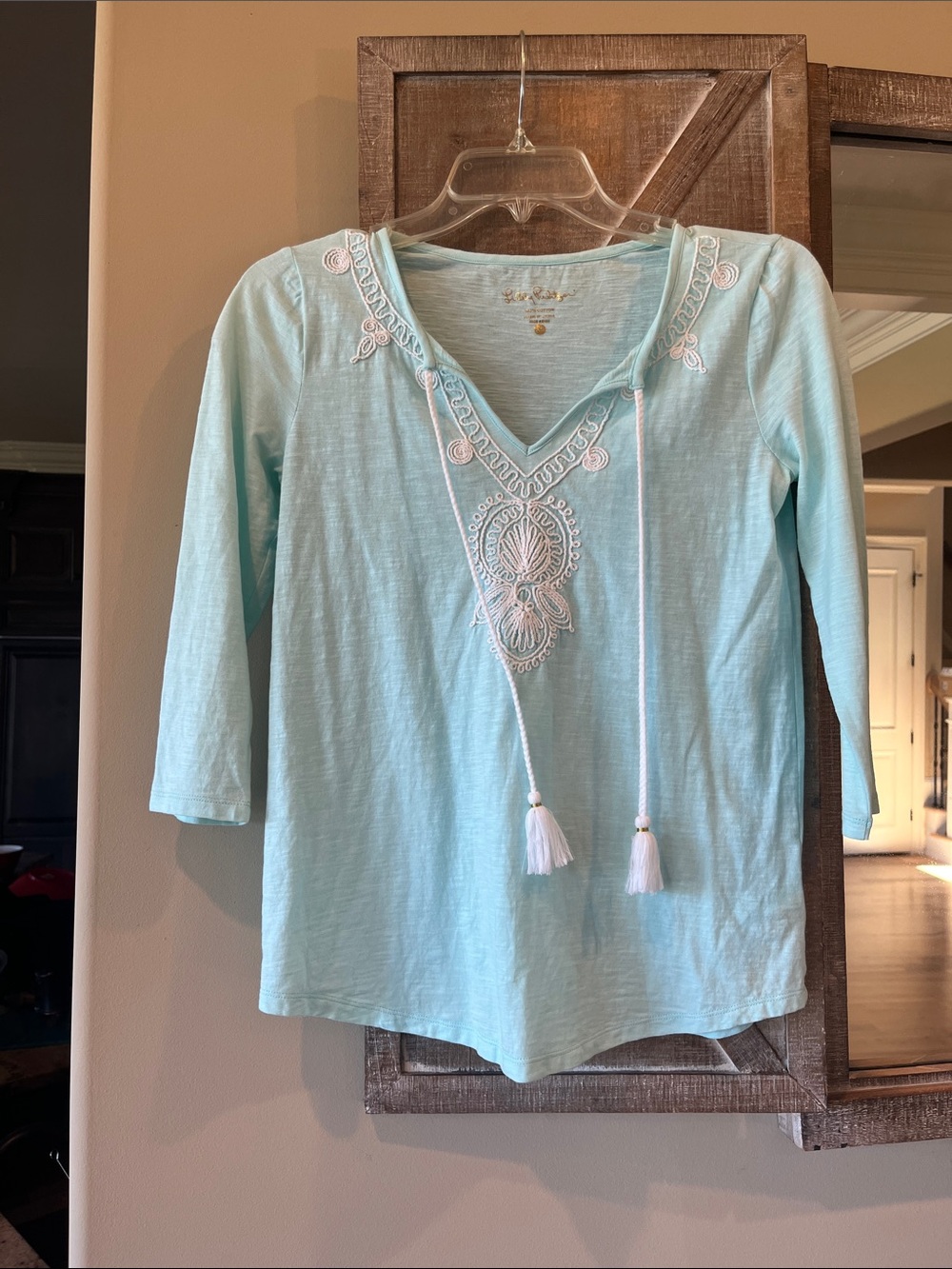 Lilly Pulitzer Mint Green Cotton Embroidered V-Neck 3/4 Sleeve Top